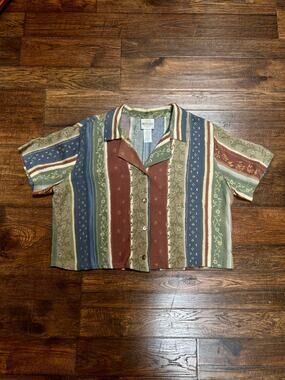 Vintage Bentley Cropped Button Up Shirt - Striped Floral Camp Shirt - Large